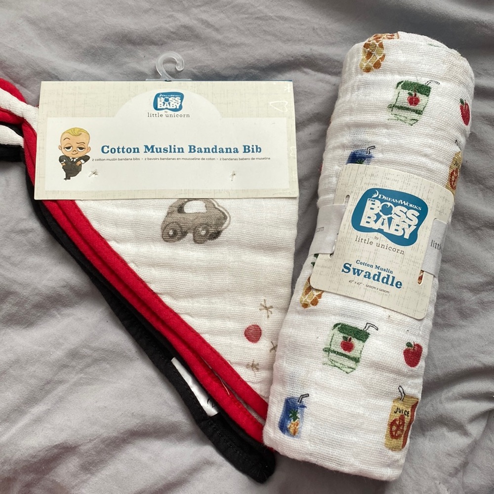Little Unicorn + Boss Baby Swaddle and 2 Bibs